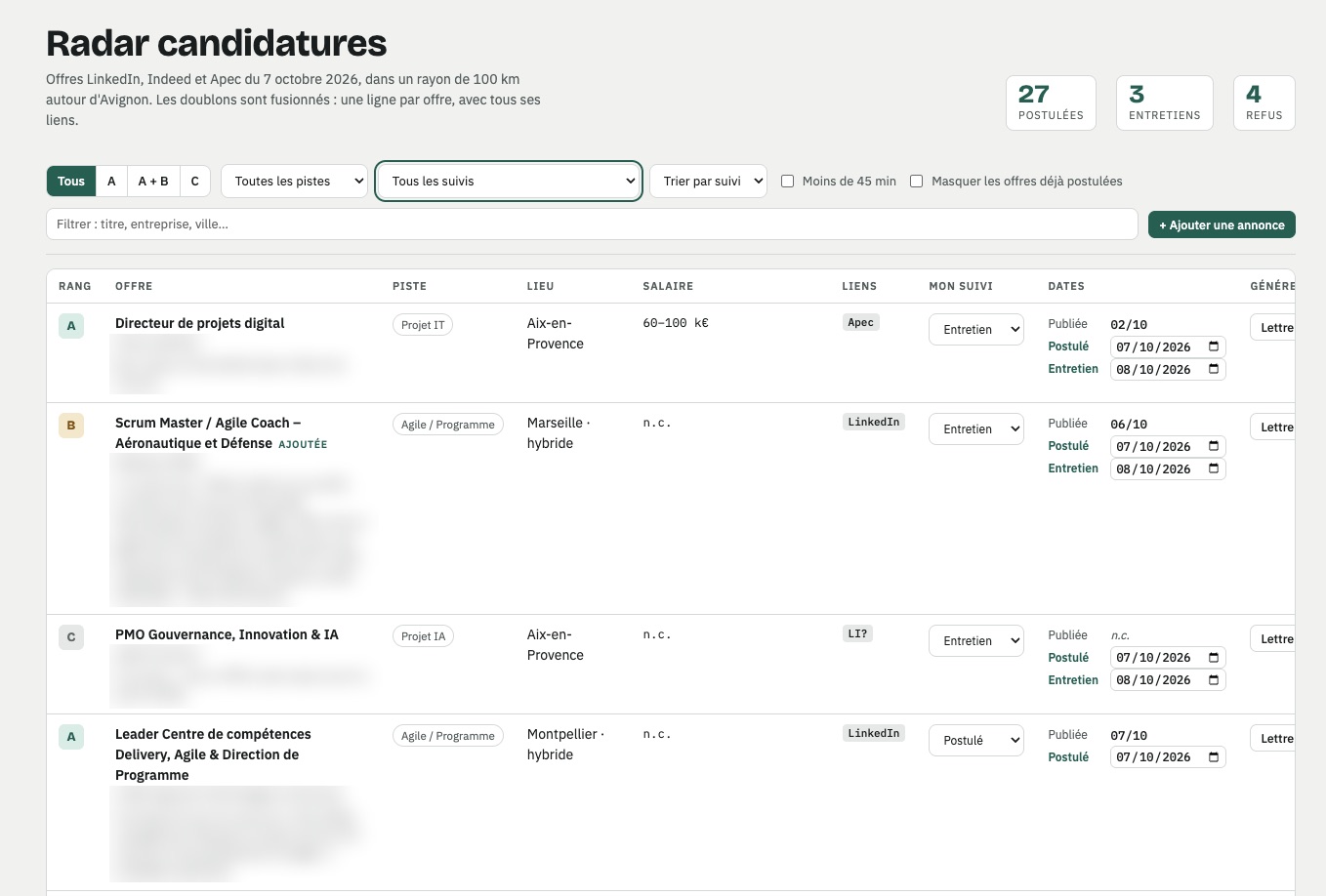 Le tableau de bord : offres classées A, B ou C, piste, lieu, salaire, suivi de candidature et dates.