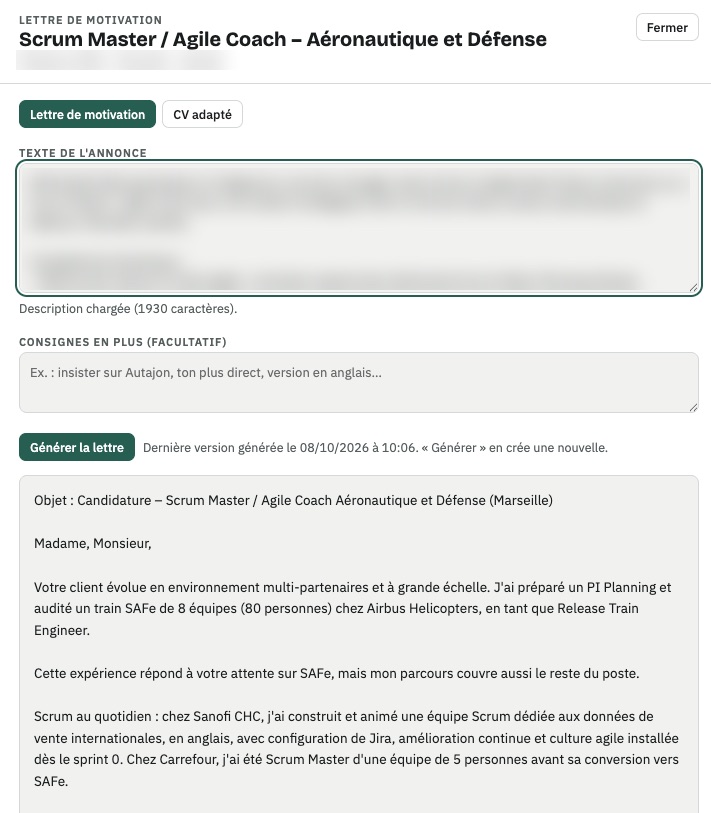 La lettre de motivation générée à partir du texte de l'annonce et de la base de connaissance du membre.